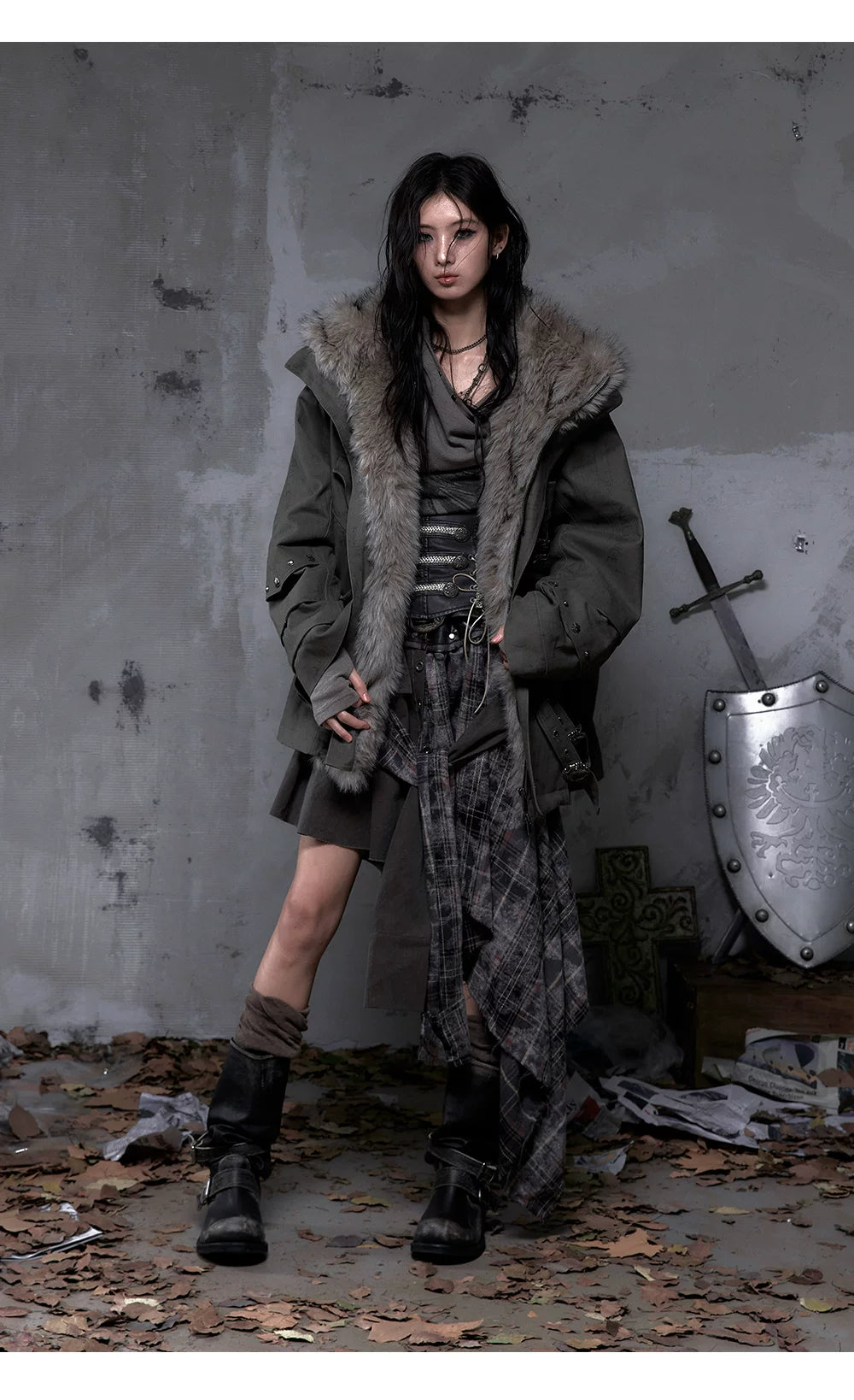 Fake Fur Hooded Multi-Pocket Buckle Detail Jacket