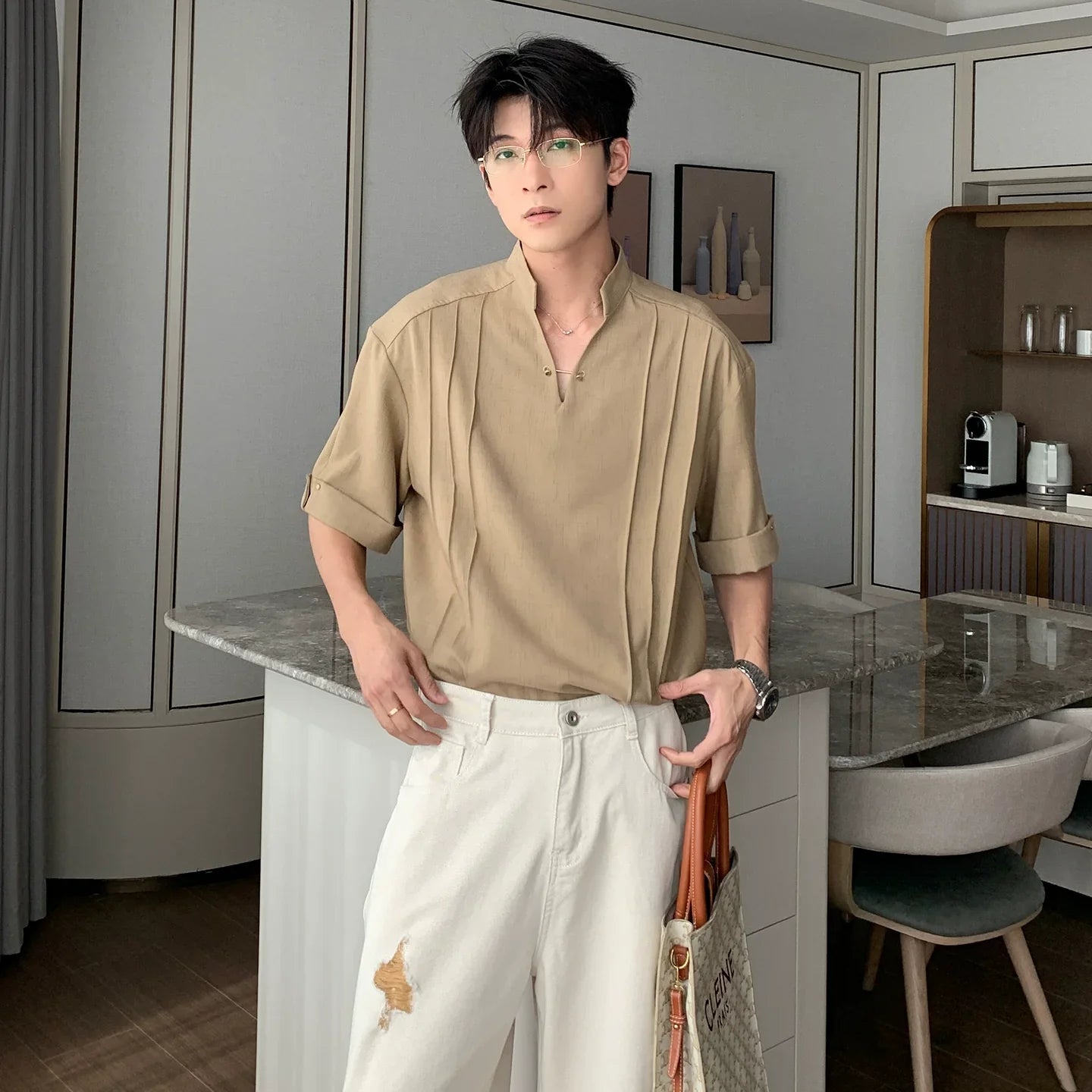 Standing Collar V-Neck Oversize Short Sleeve Polo Shirt