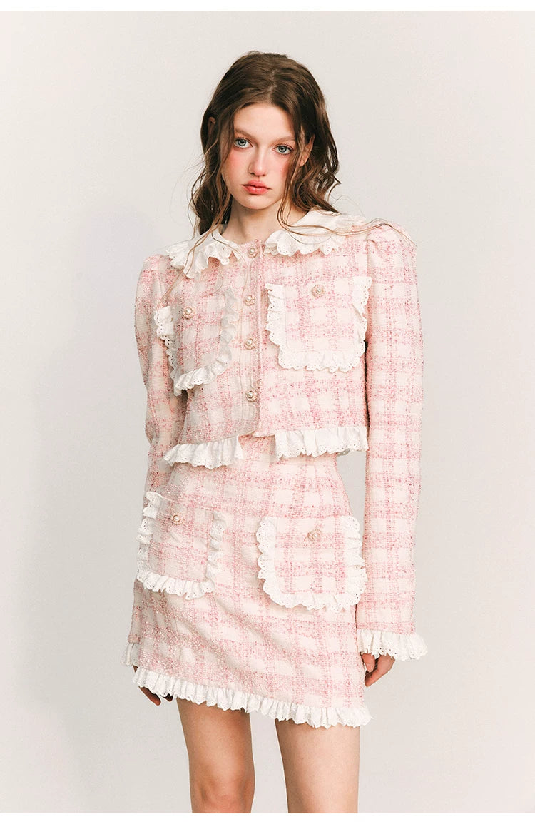 Lace Plaid Cropped Jacket & Short Lace Skirt Setup