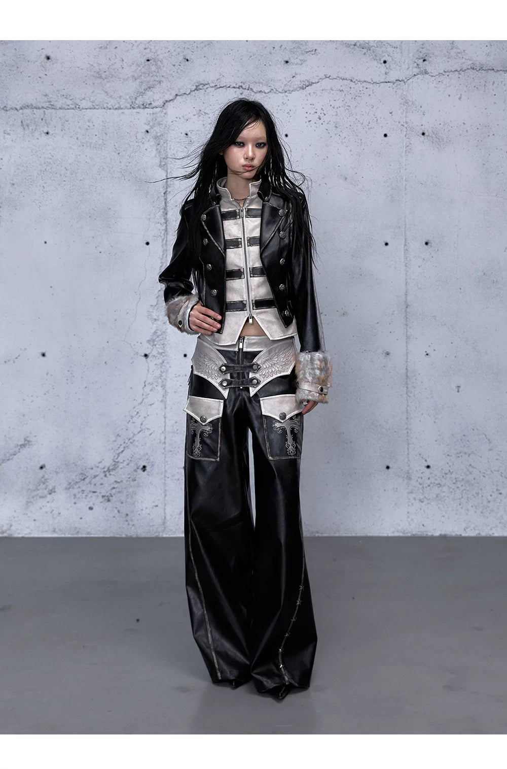Lace Panel Buckle Detail Wide Leg PU Leather Pants
