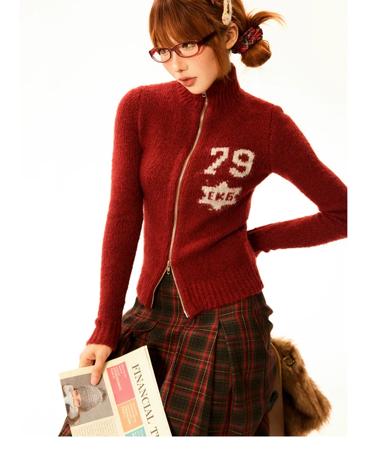 Number Patch Knit Zipper Stand Neck Cardigan