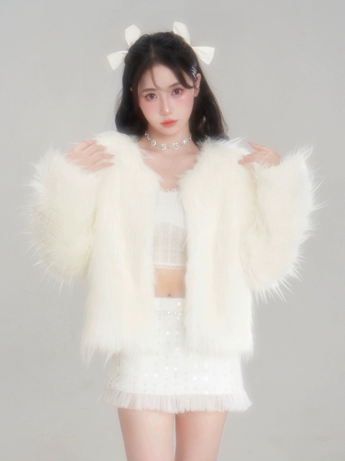 Eco Fur Warm Jacket & Short Skirt & Long Skirt Setup