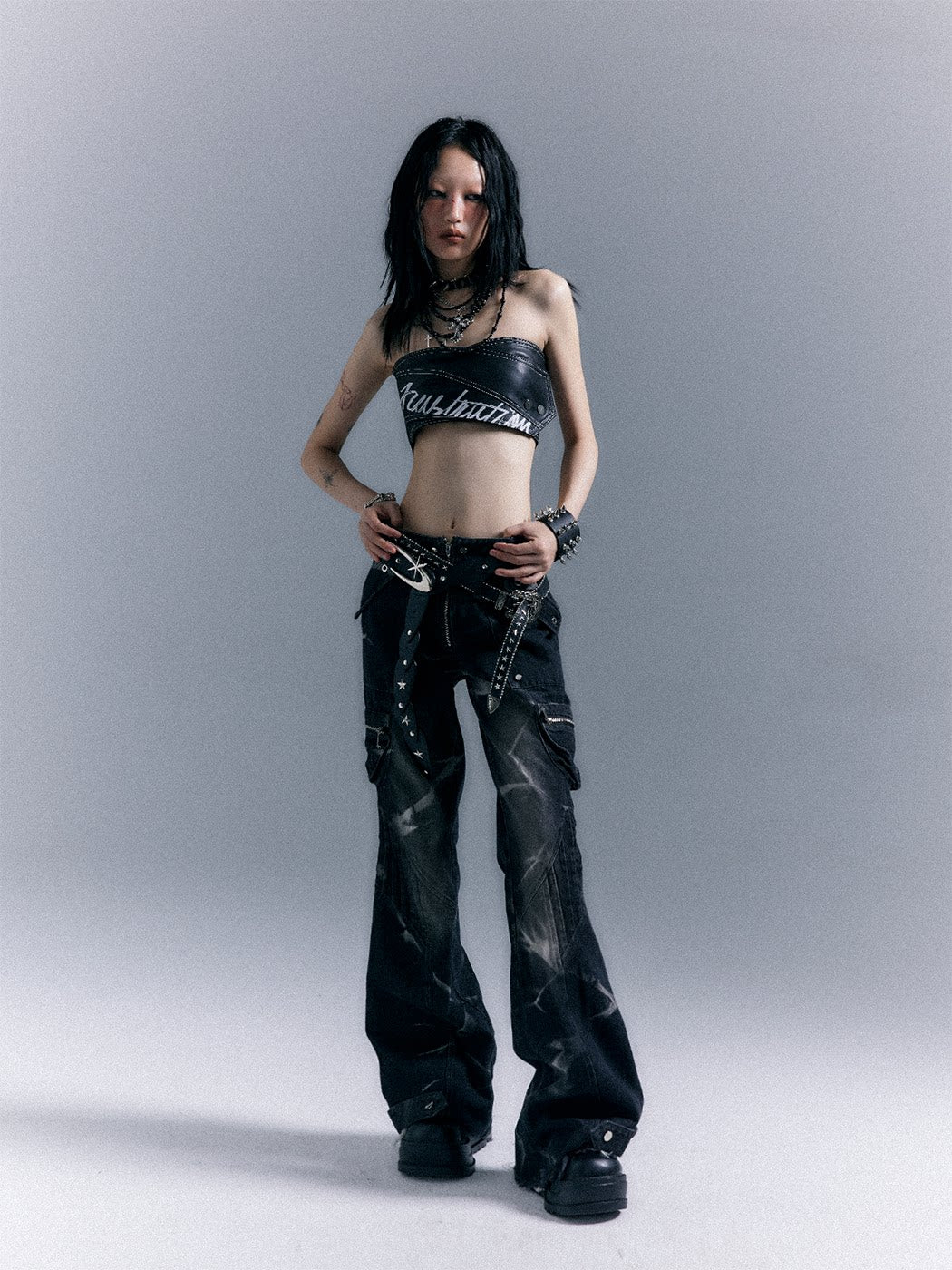 Low-Waist Studs Washed Flare Denim Jeans