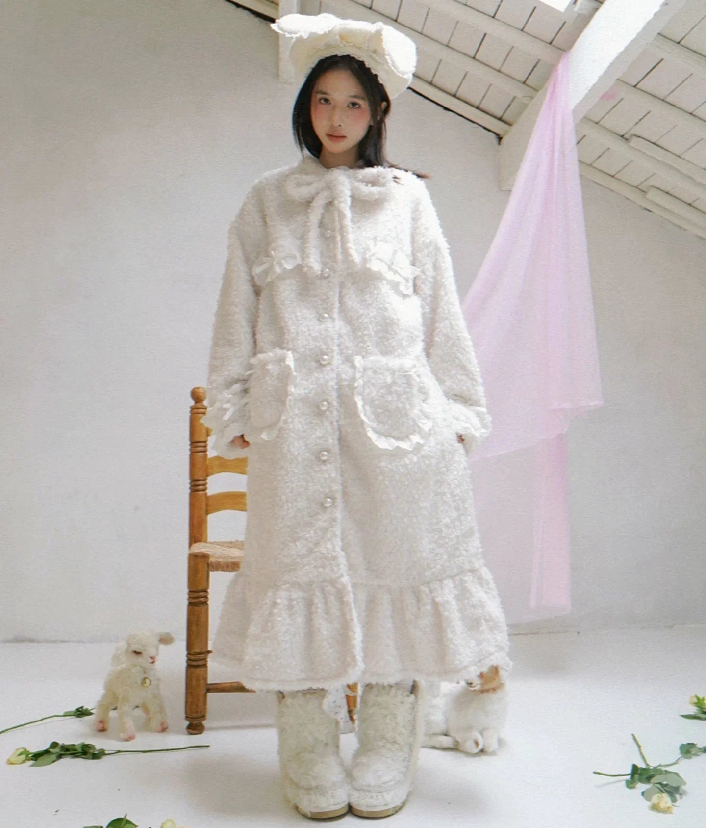 Plush Bow Ruffle Long Coat
