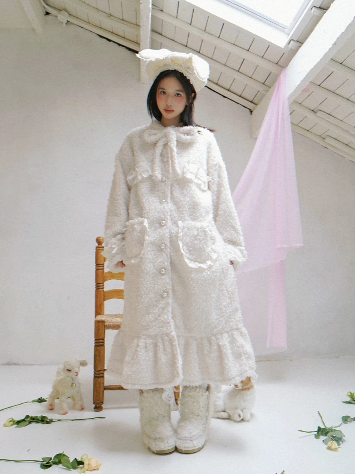 Plush Bow Ruffle Long Coat