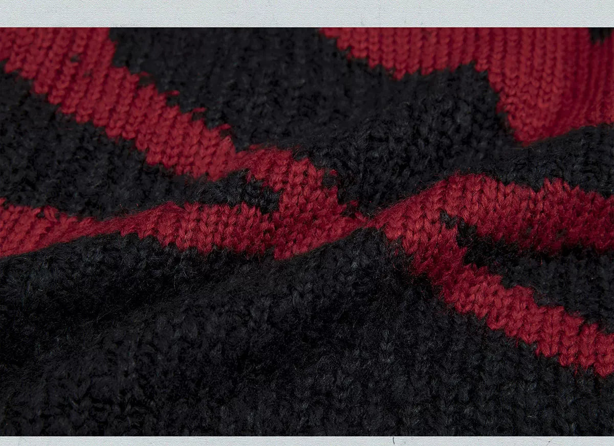 Skull Print Stripe Oversize Knit Hoodie