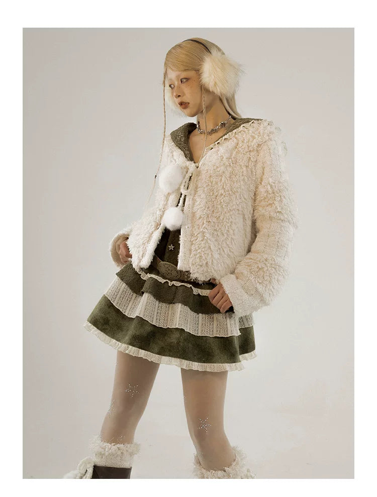 Fleece Lining Soft Fuzzy Knit Cardigan & Half Skirt Setup