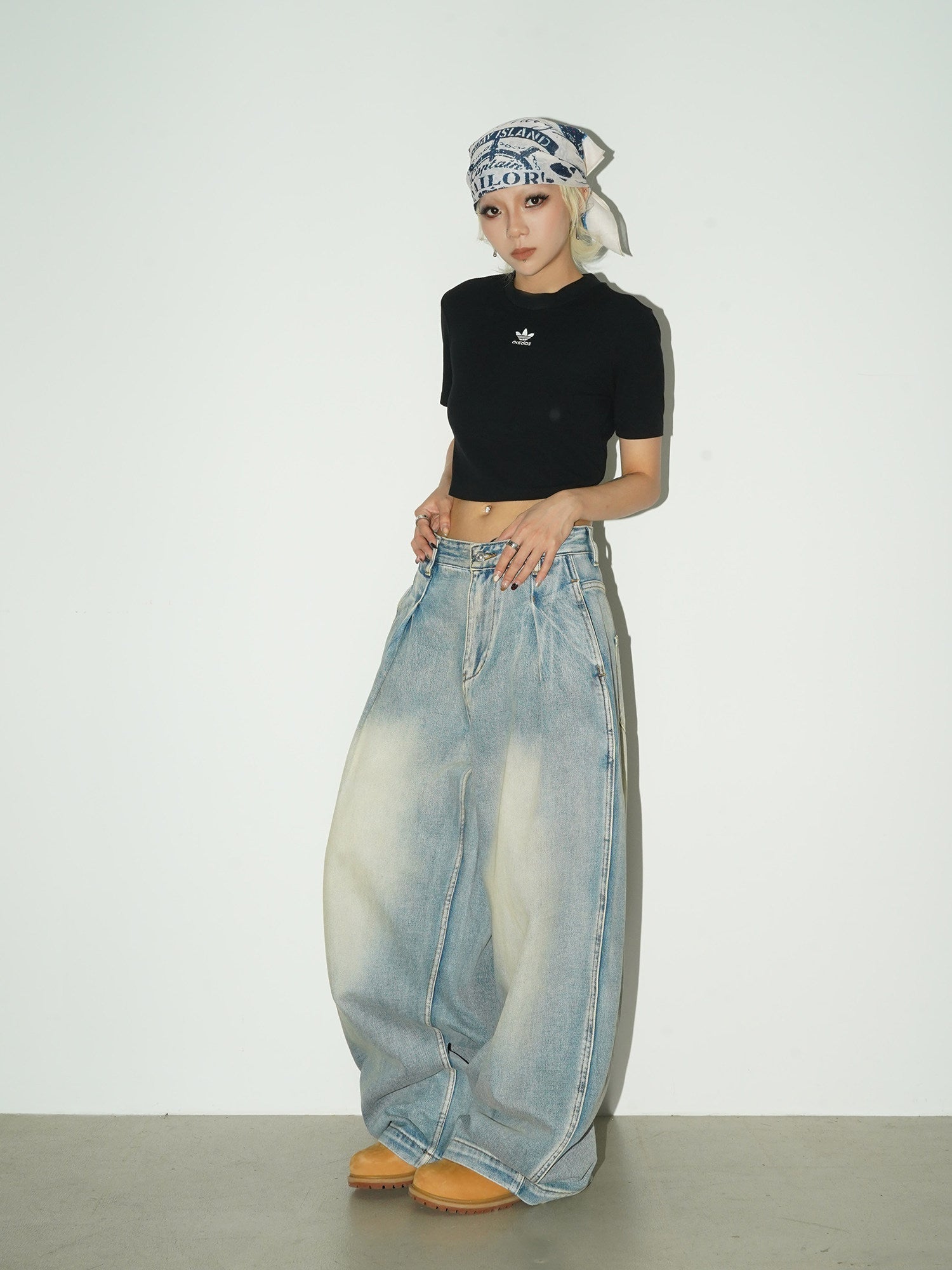 Washed Drape Wide Leg Denim Jeans