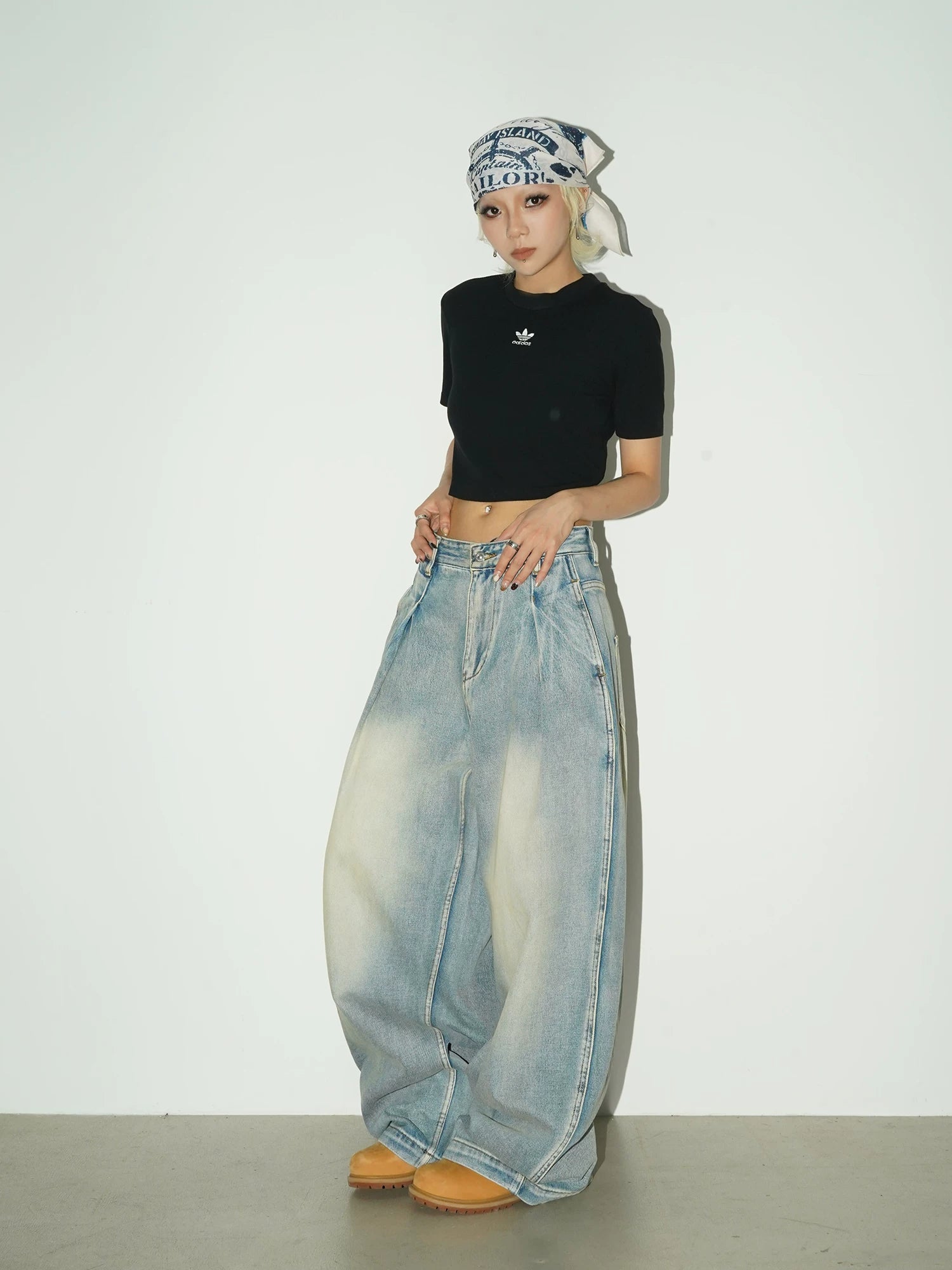 Washed Drape Wide Leg Denim Jeans