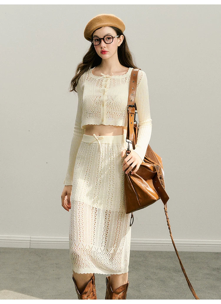 Hollow Out Button Knit Cardigan & Half Skirt Setup