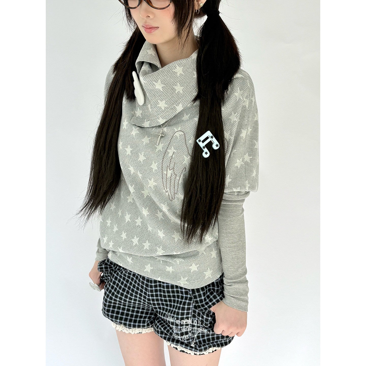 Star Print Asymmetrical High-Neck Long Sleeve T-Shirt