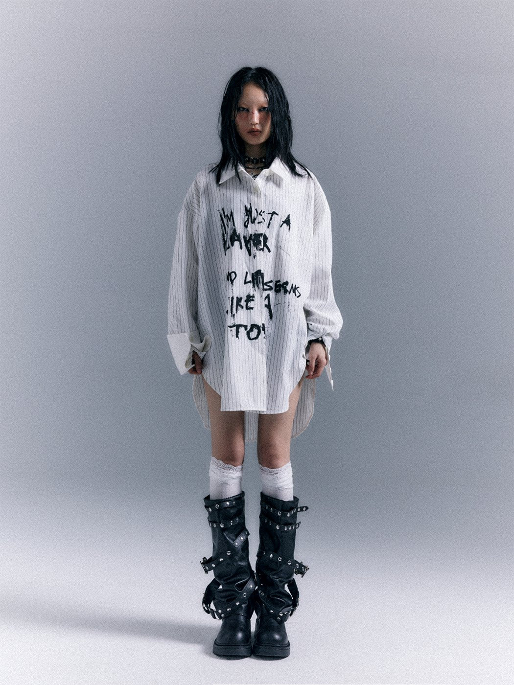 Graffiti Print Stripe Oversize Long Sleeve Shirt