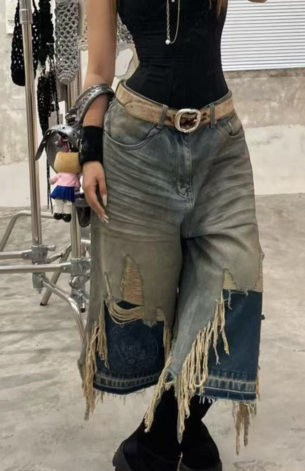 Washed Whisker Patchwork Half Denim Jeans