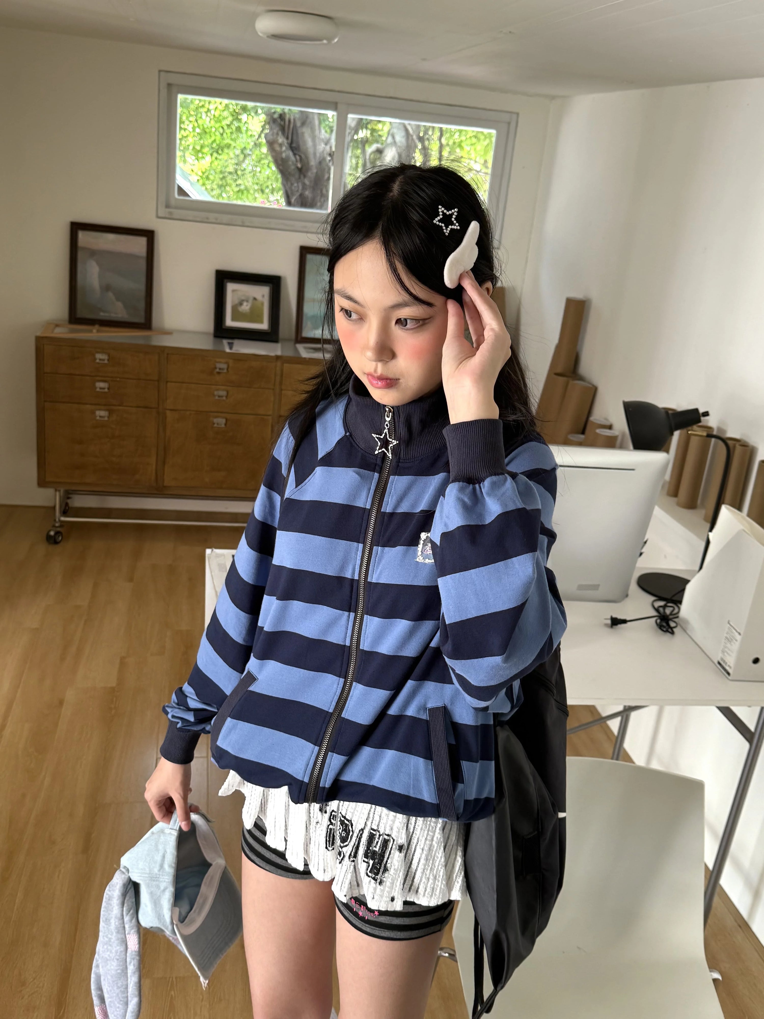 Striped Oversize Stand Collar Zipper Jacket