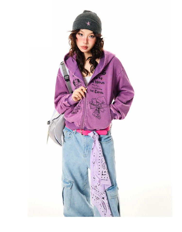 Letter Print Zipper Hoodie