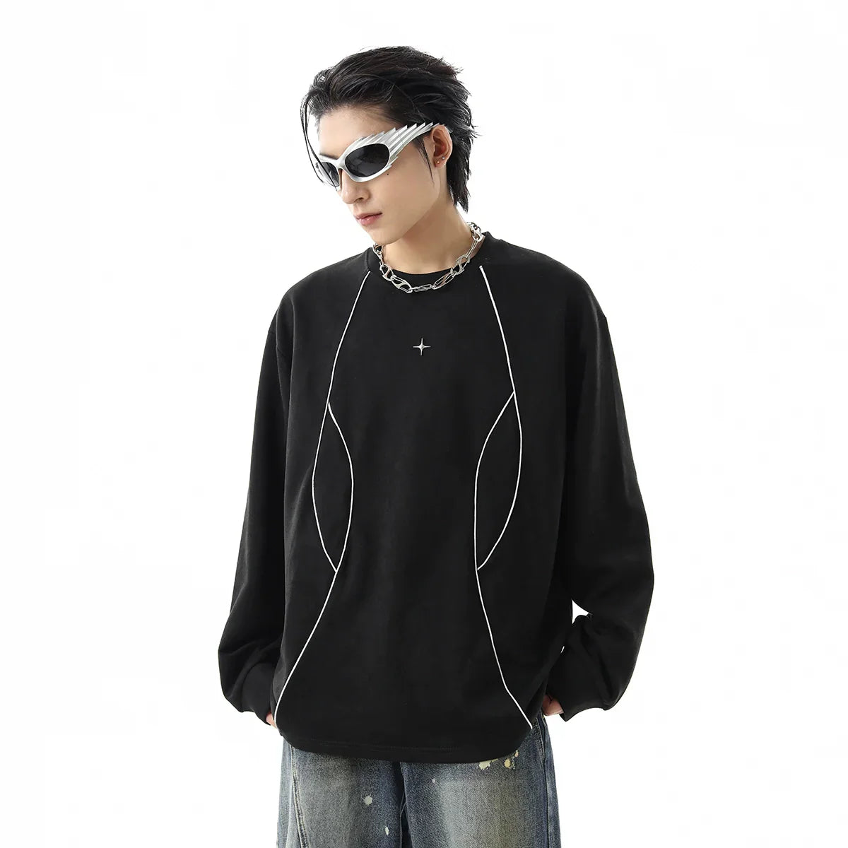 Reflective Stripe Suede Round Neck Sweatshirt