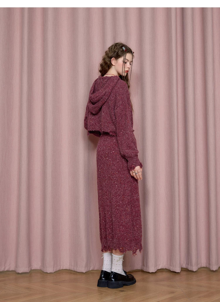 Textured Hooded Knit Sweater & Long Knit Skirt Setup