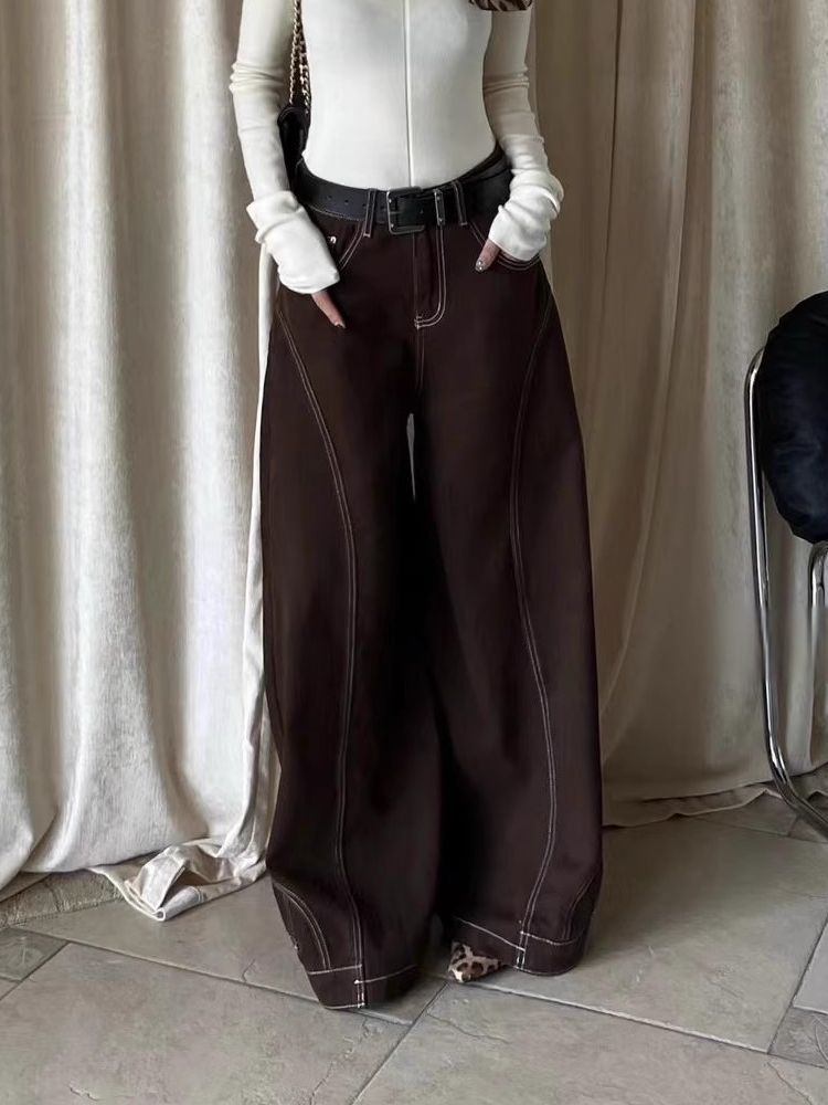 Retro High-Waisted Brown Wide-Leg Jeans