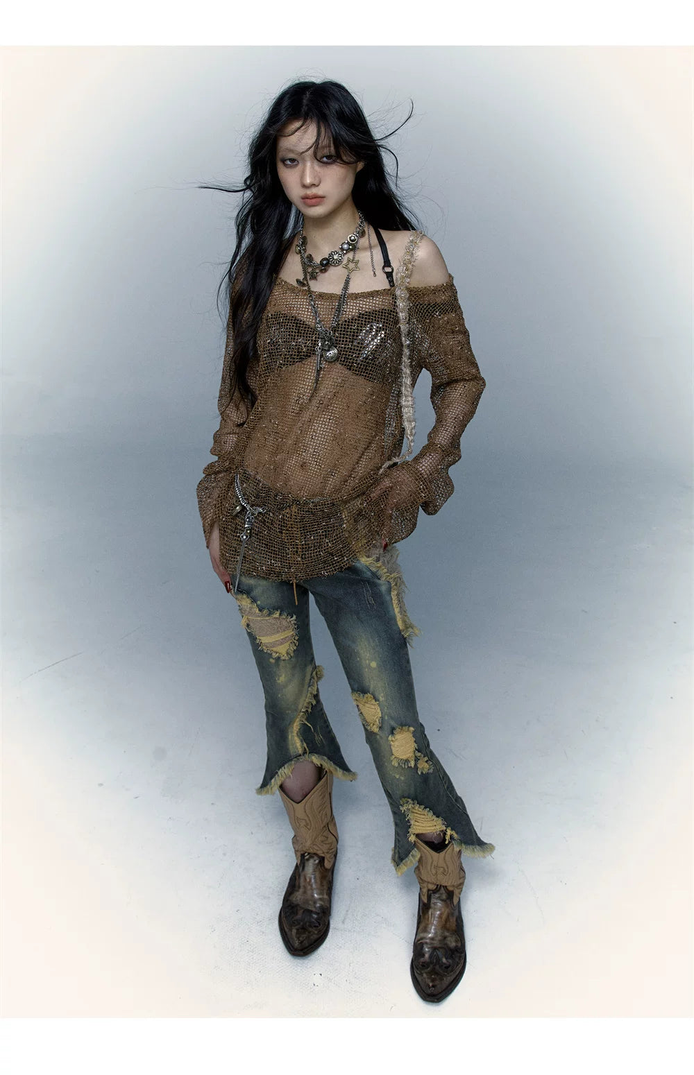 Damage Asymmetric Flare Denim Jeans