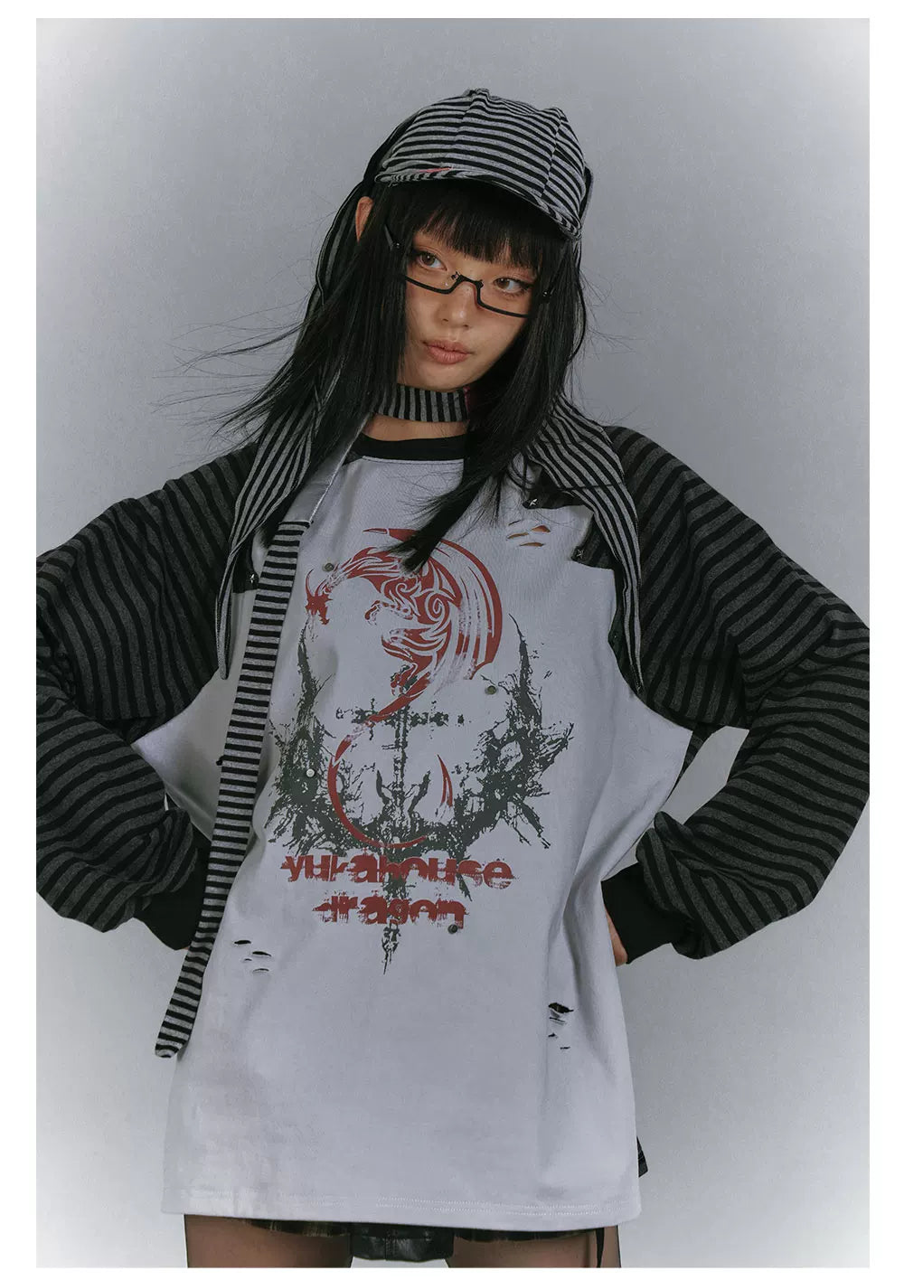Raglan Stripe Damage Patchwork Long Sleeve T-Shirt
