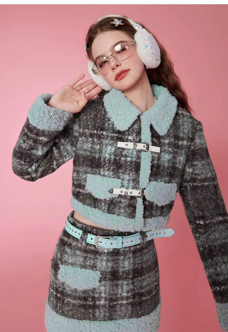 Fake Shearling Short Jacket & Pencil Skirt Setup