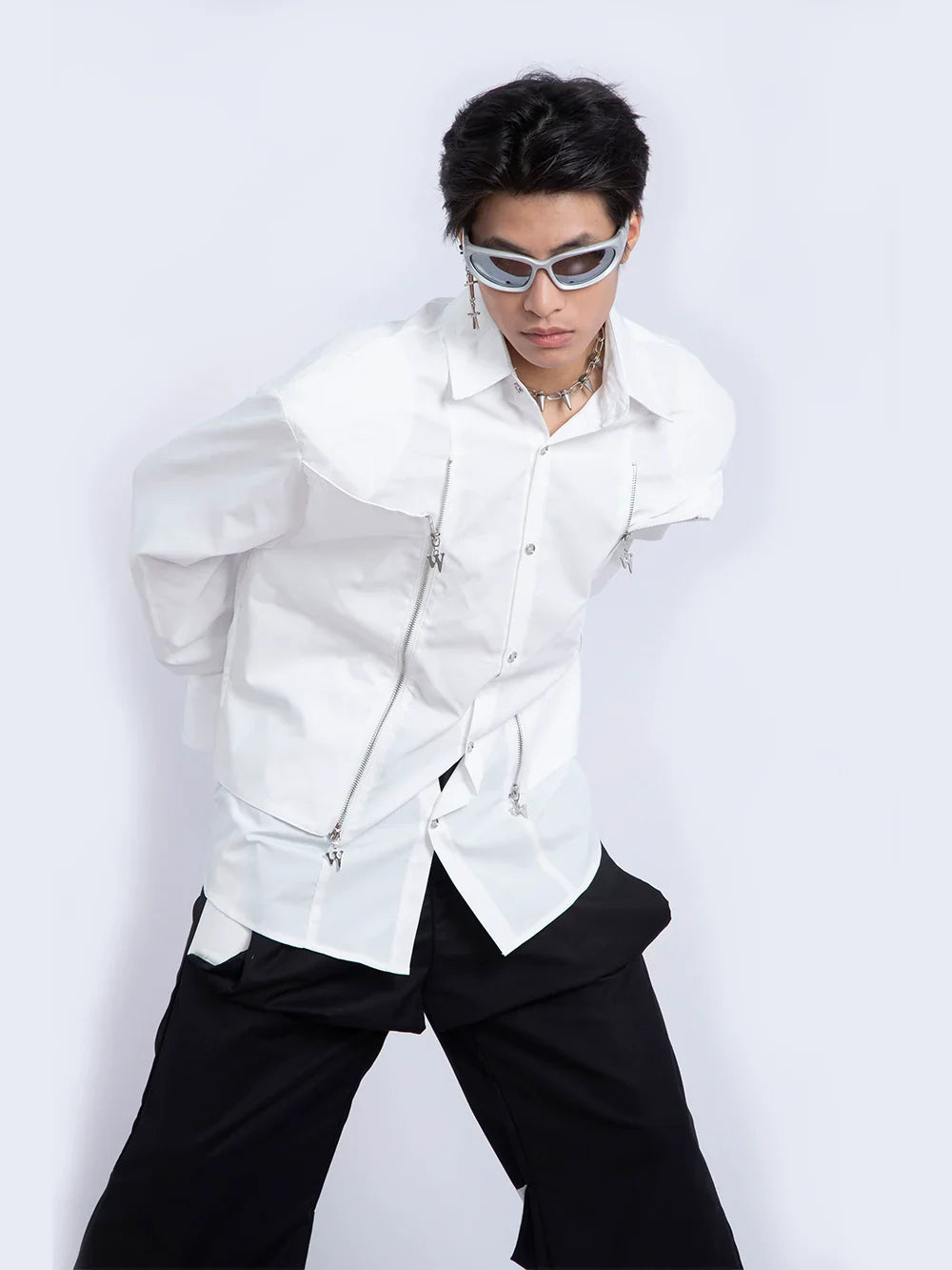 Double Zipper Shoulder Pad Long Sleeve Shirt