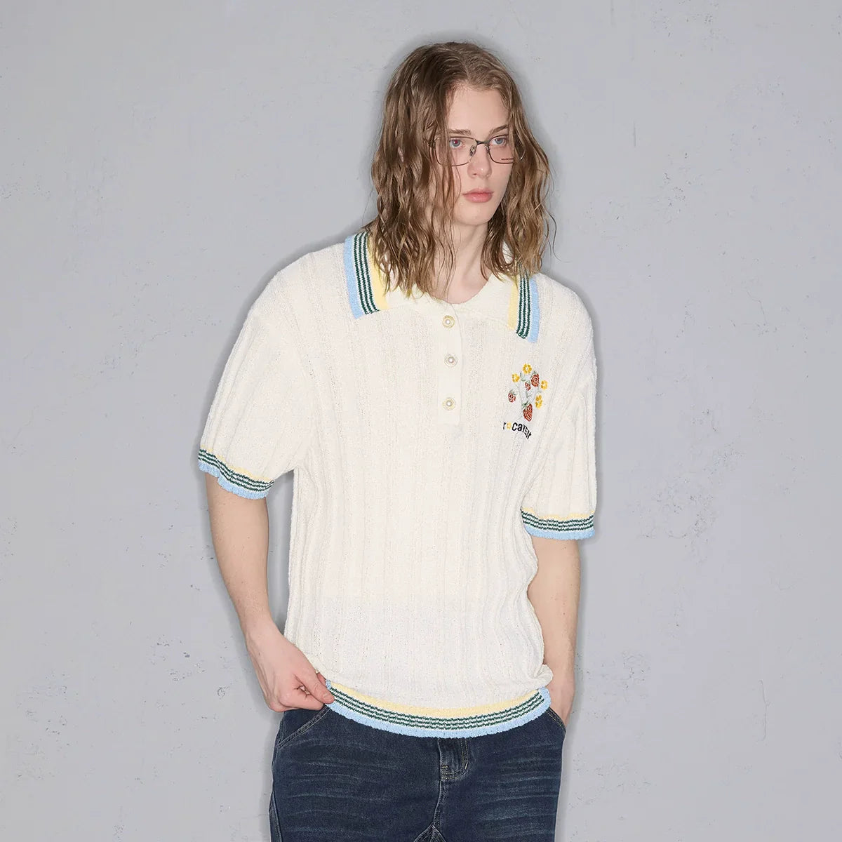Stripe Glossy Button Embroidery Short Sleeve Polo Shirt