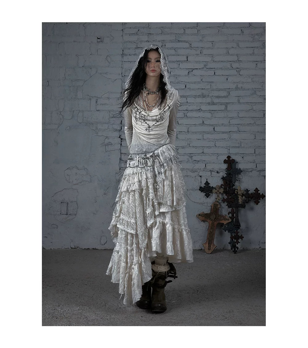 Lace Hooded Asymmetric Ruffle Dress