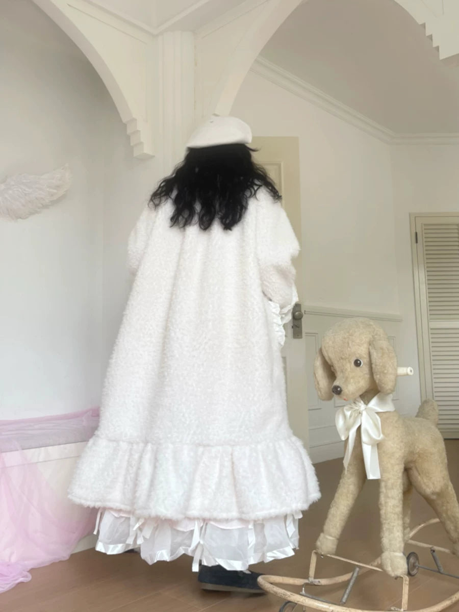 Plush Bow Ruffle Long Coat