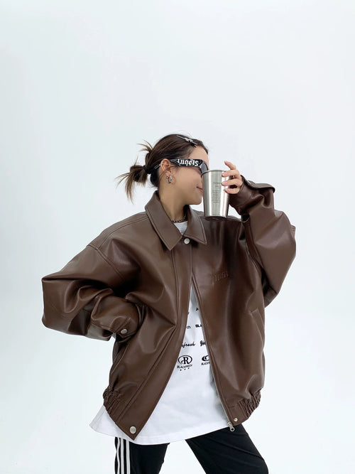 Oversize Zipper PU Leather Jacket - Brown / M