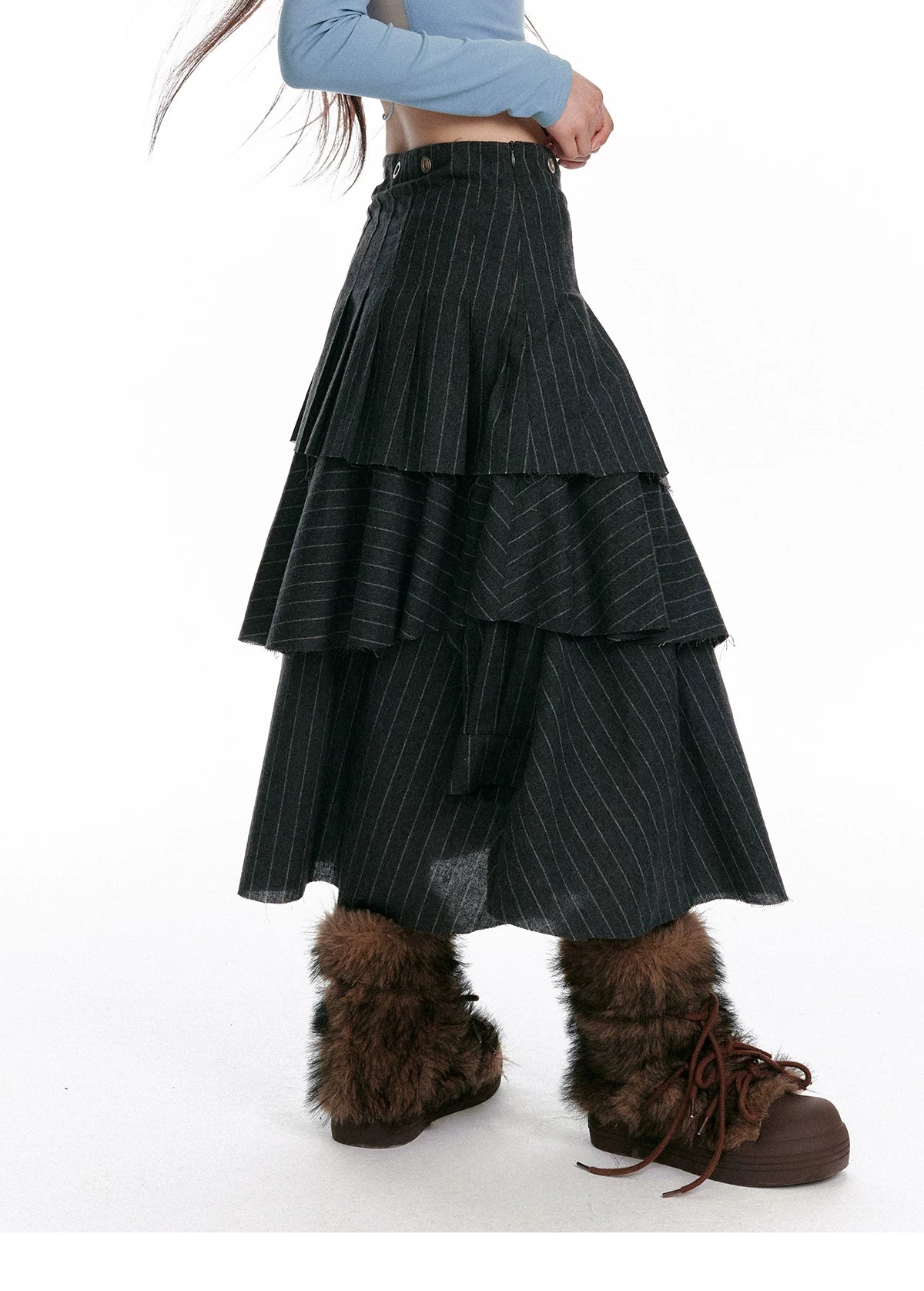 Textured Asymmetrical Striped Midi Ruffle Skirt