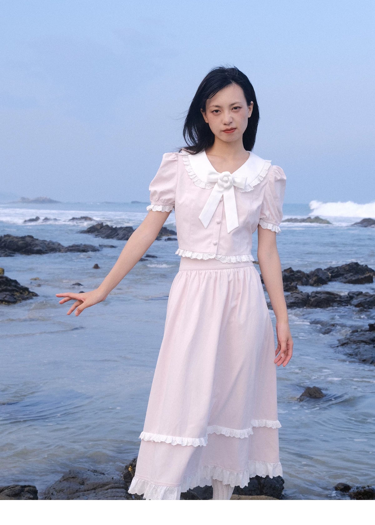 Lace Details Bow Blouse & Lace Trim Skirt Setup