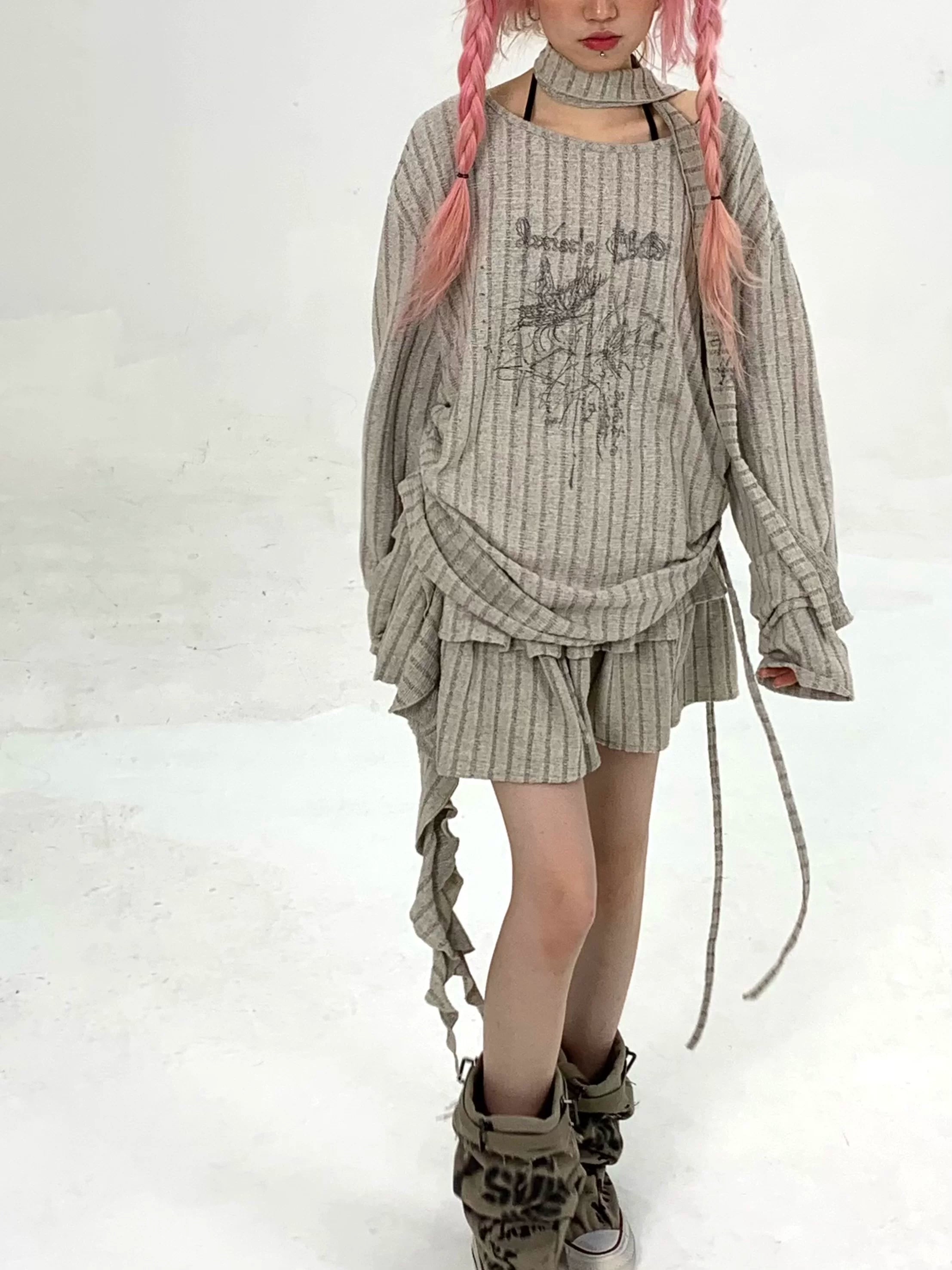 Ribbed Letter Print Strap Detail Oversize Knit Sweater