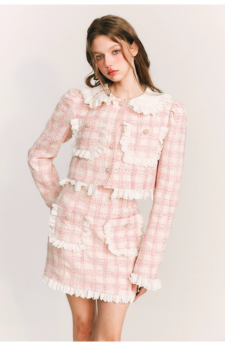 Lace Plaid Cropped Jacket & Short Lace Skirt Setup
