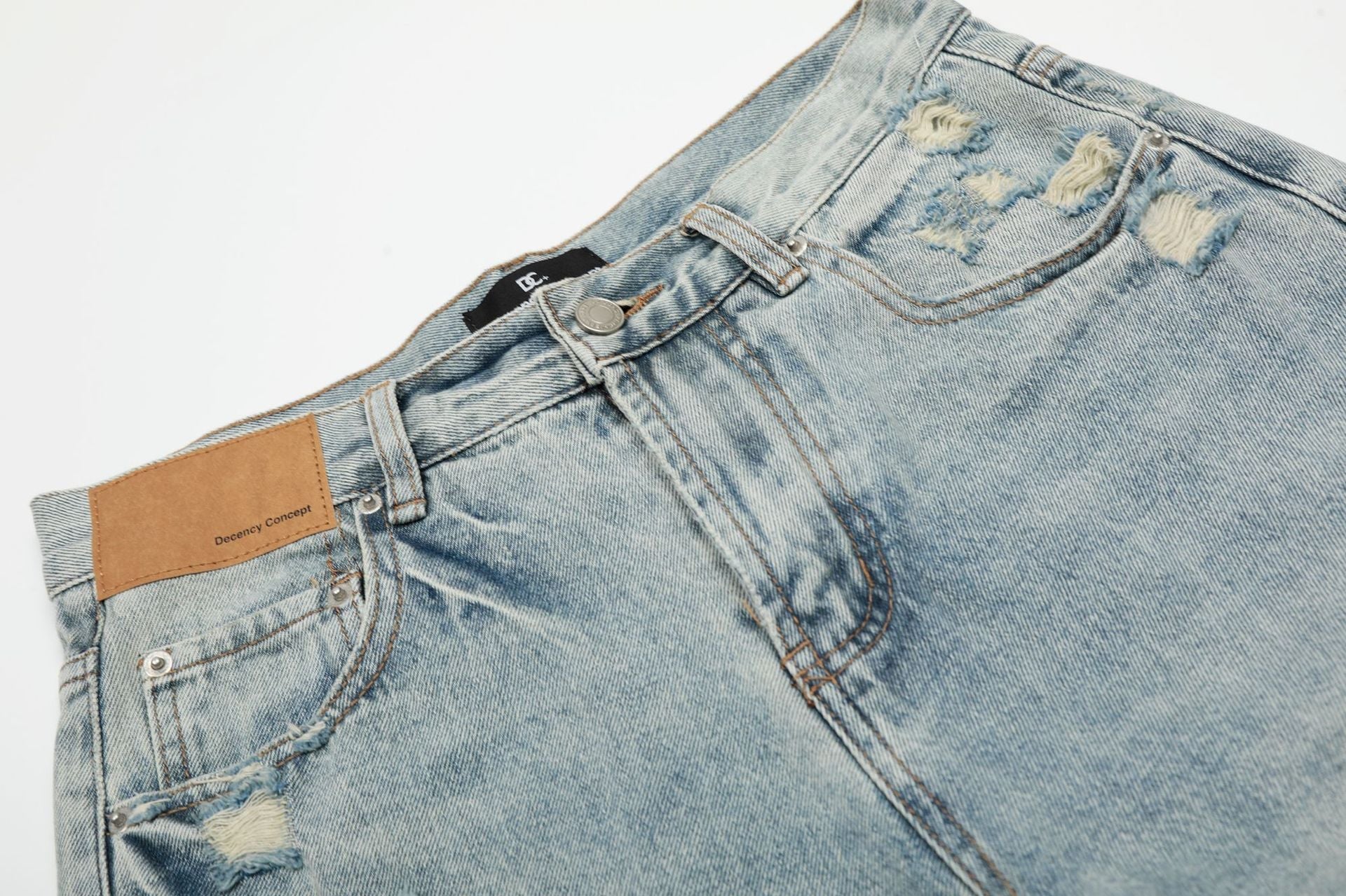 Wash Damage Wide Leg Curved Denim Jeans