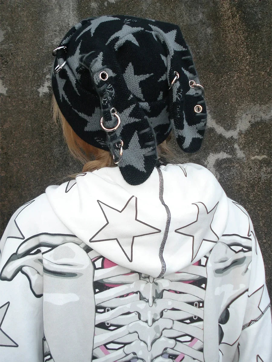 Star Print Rabbit Ear Knit Hat