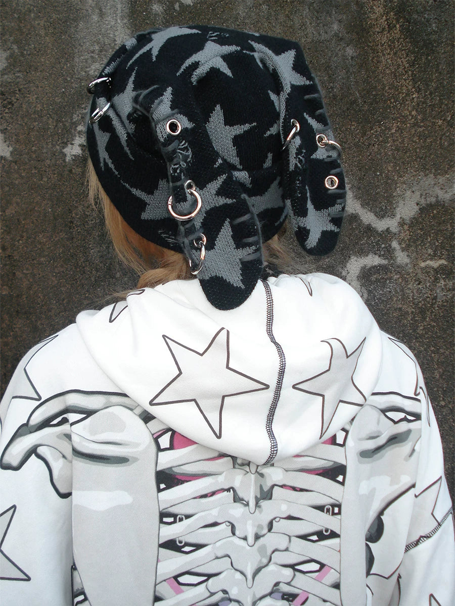 Star Print Rabbit Ear Knit Hat