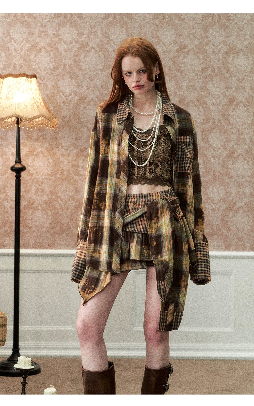 Oversize Plaid Long Sleeve Shirt & Short Skirt & Scarf Setup
