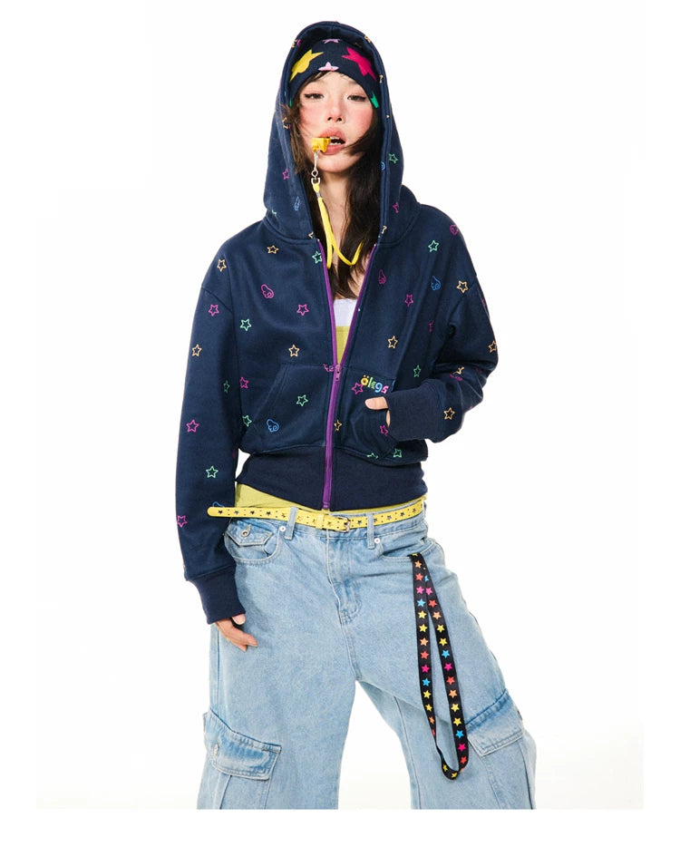 Star Print Fleece Zipper Hoodie