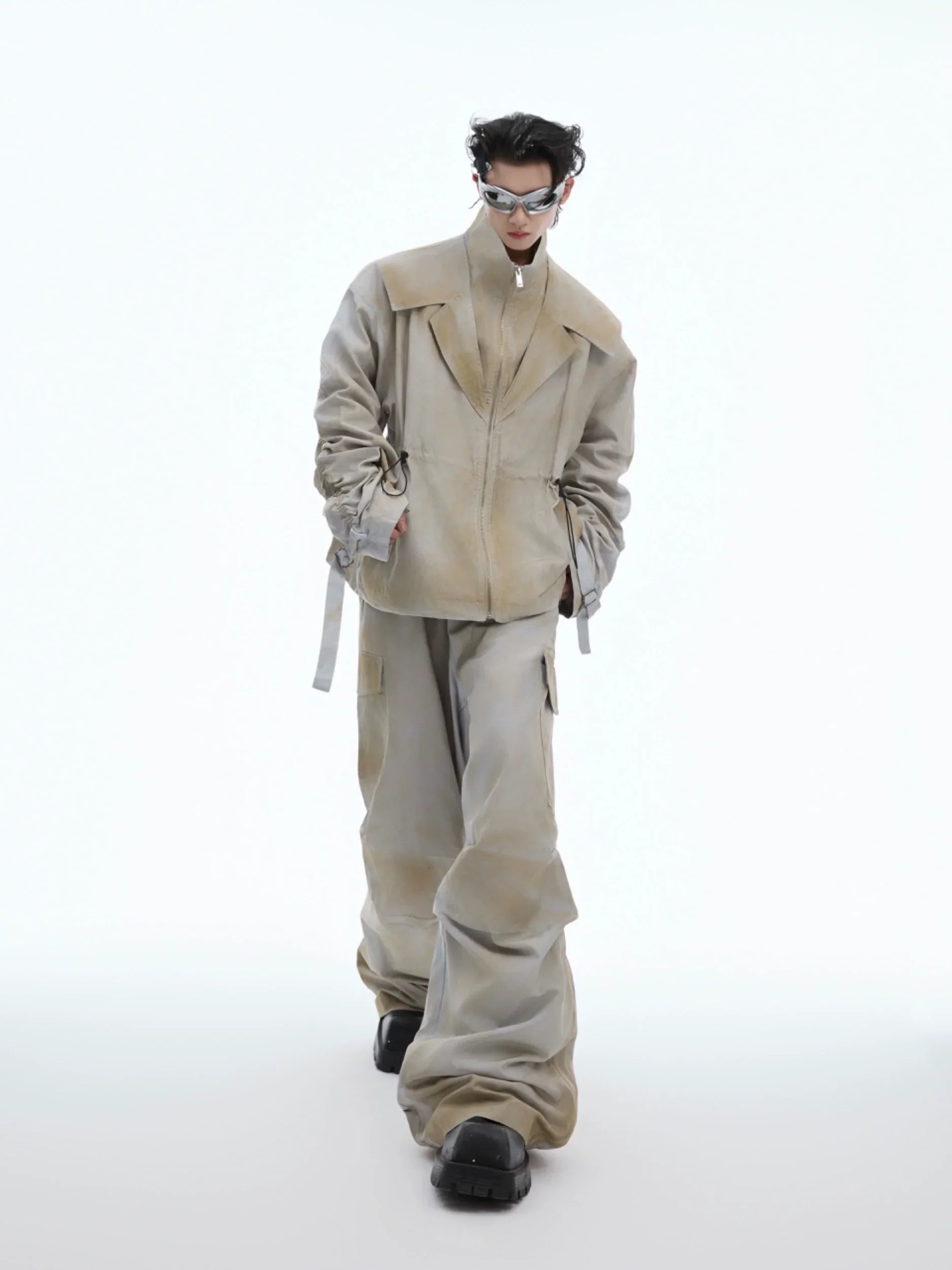 Fake Layered Design Sporty Jacket & Wide Leg Pants Setup