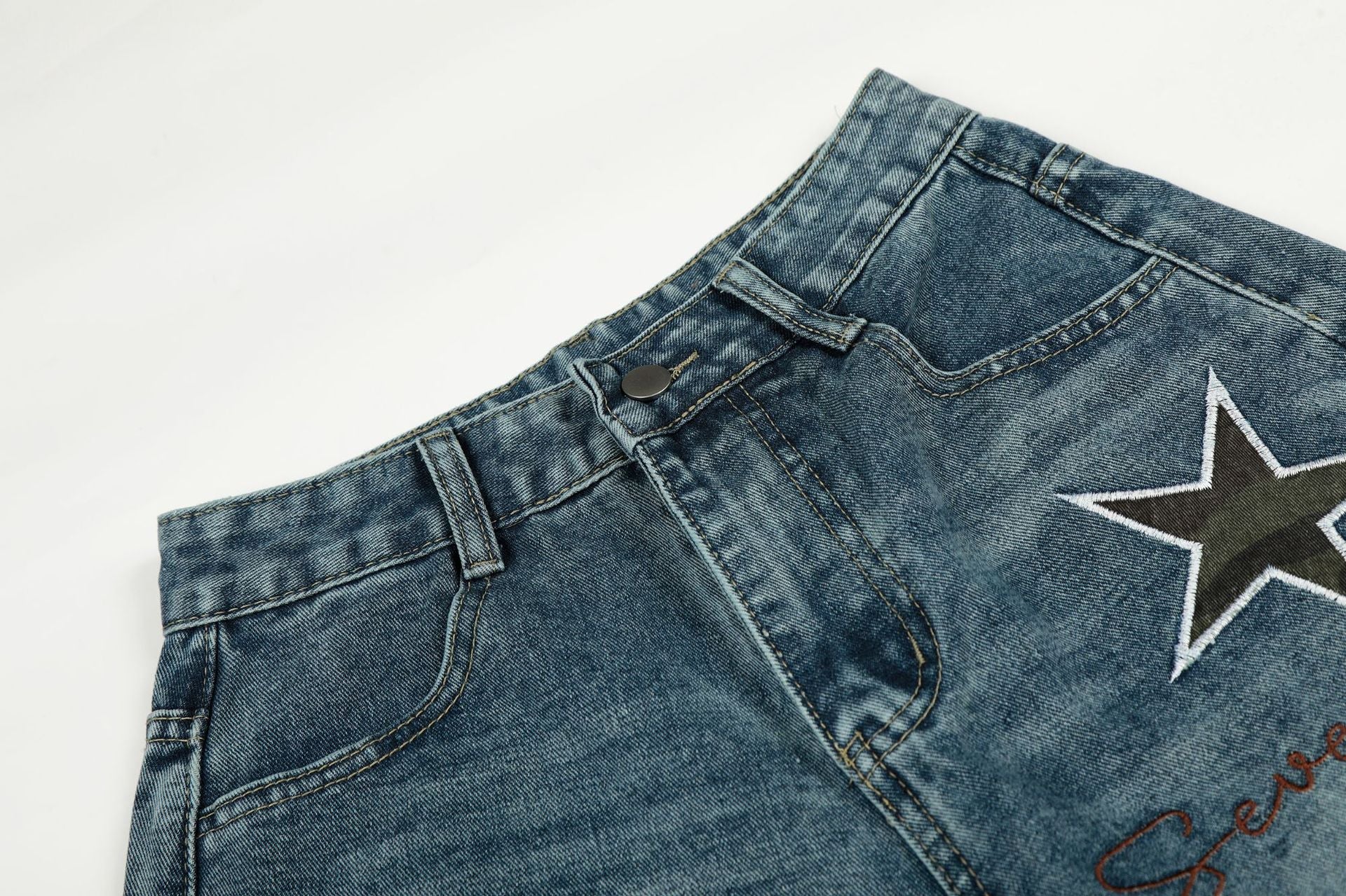 Washed Star Applique Wide Leg Denim Jeans