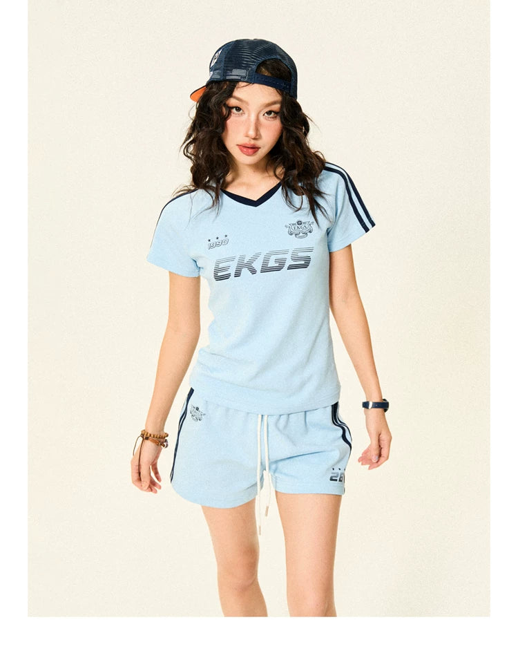 Stripe Letter Print Short Sleeve T-Shirt & Short Pants Setup