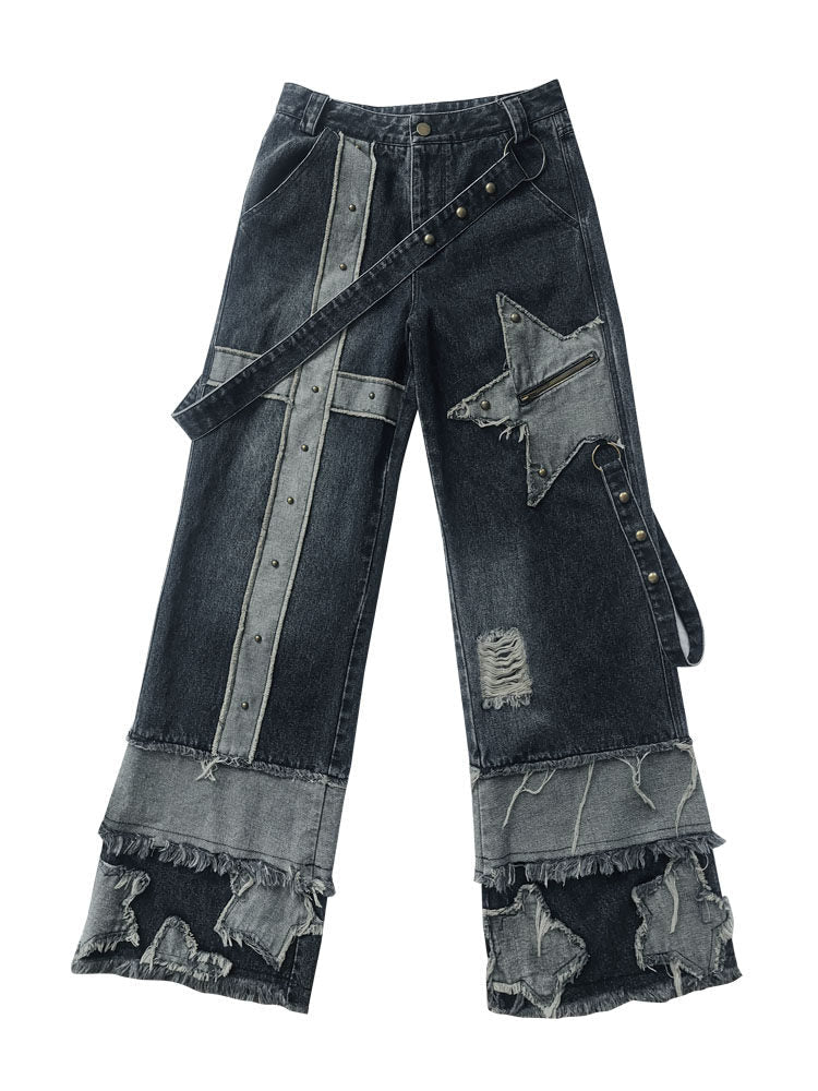 Low Waist Wide Leg Washed Stud Denim Jeans