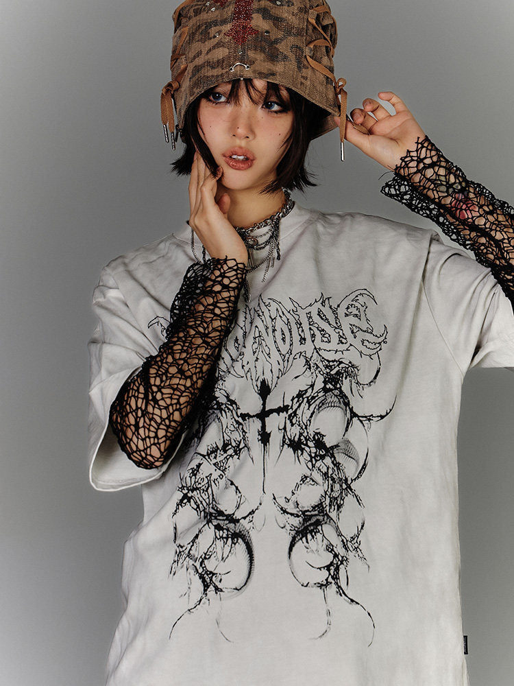 Washed Damage Oversize Short Sleeve T-Shirt & Spiderweb Mesh Long Sleeve Shirt