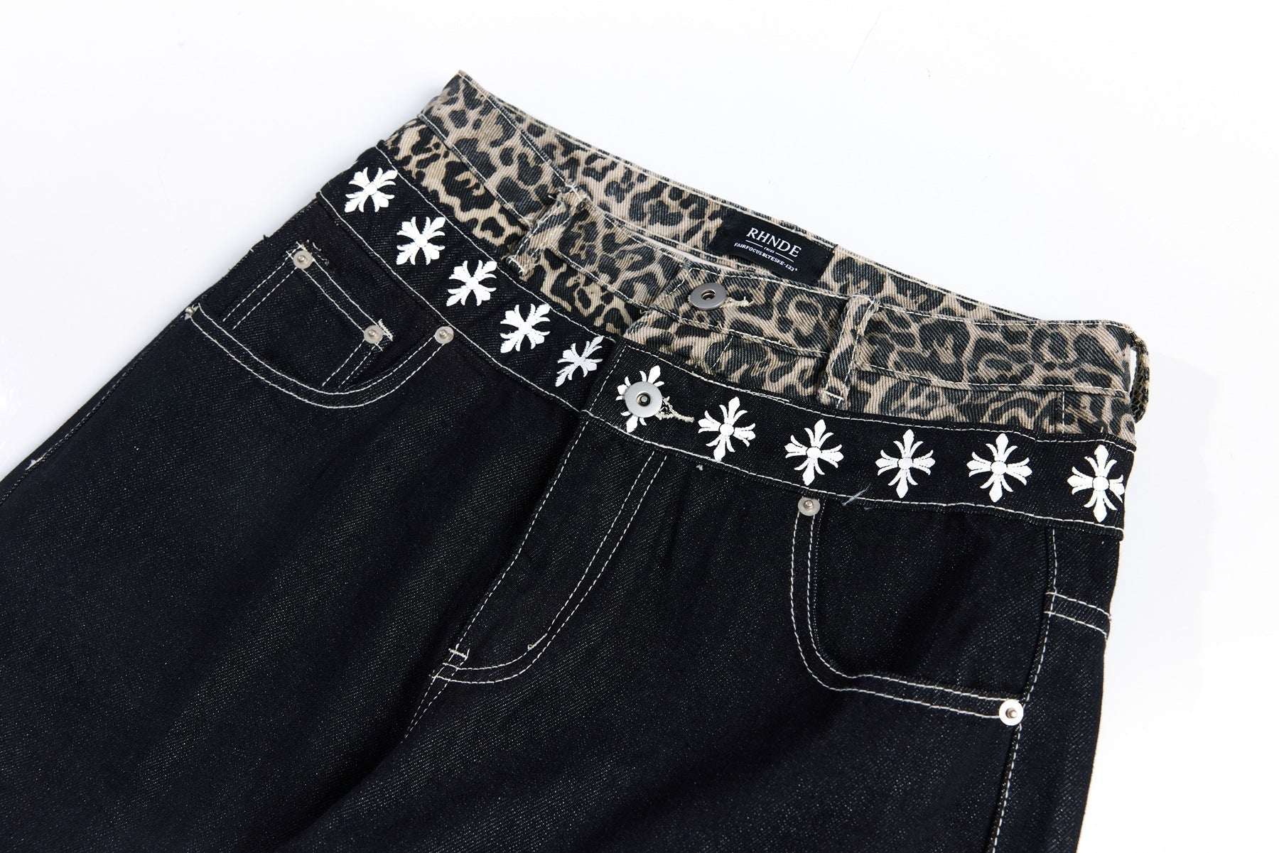 Color Block Embroidery Wide Leg Curved Denim Jeans