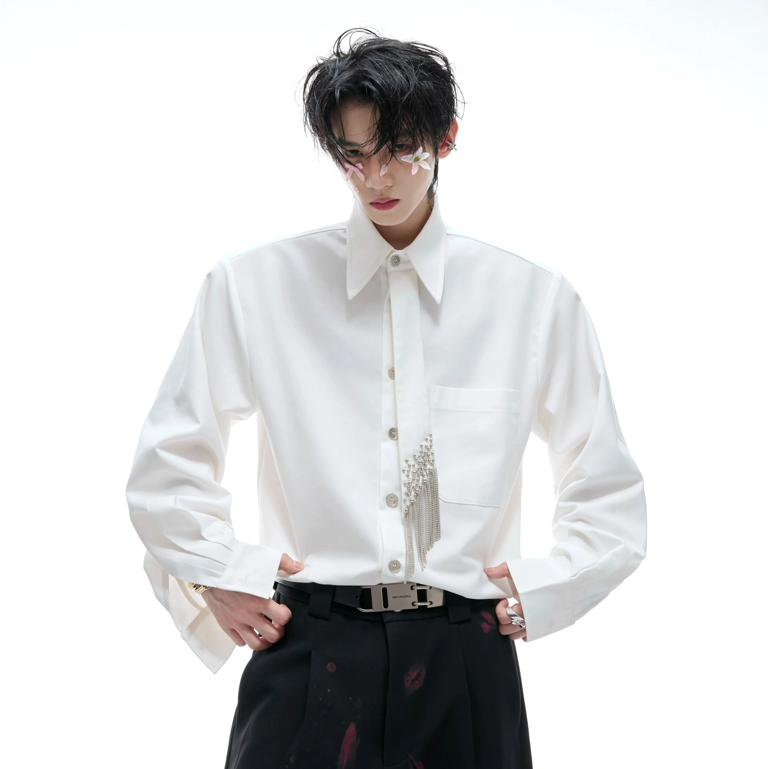 Plain Color Long Sleeve Shirt & Tie
