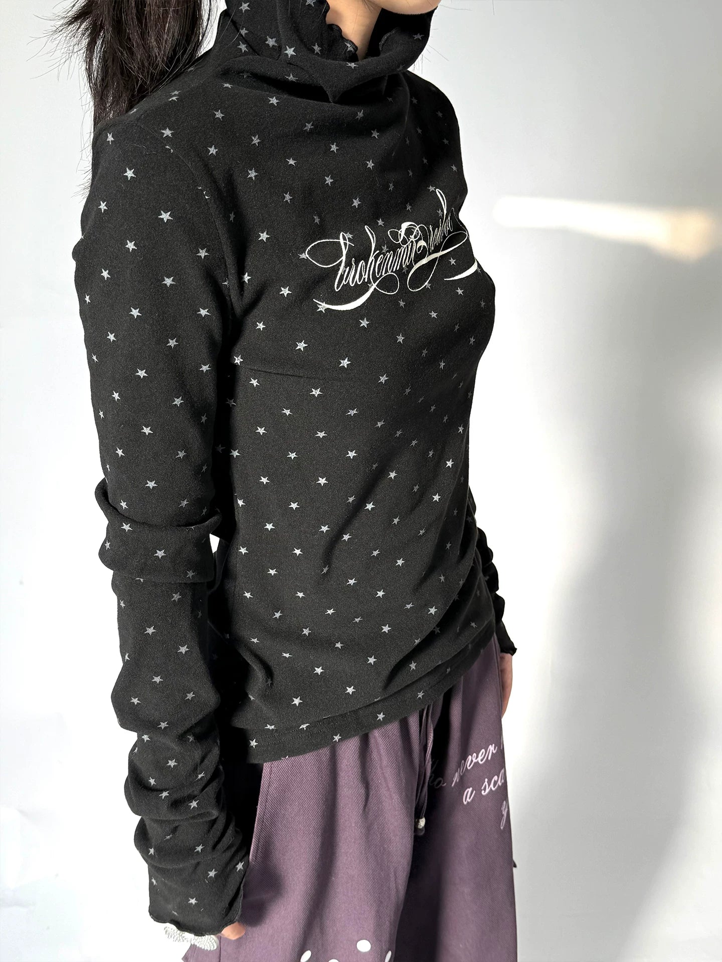 Polka Dot Print High-Neck Long Sleeve T-Shirt