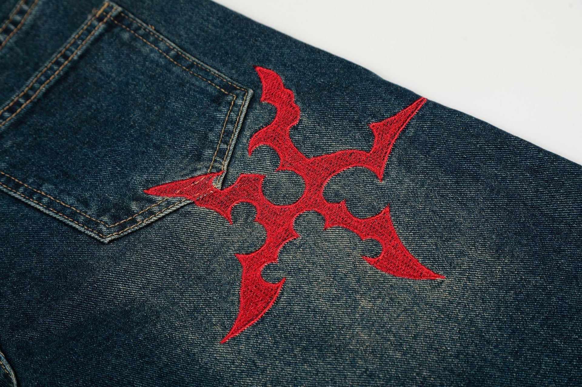Washed Tribal Print Wide Leg Denim Jeans