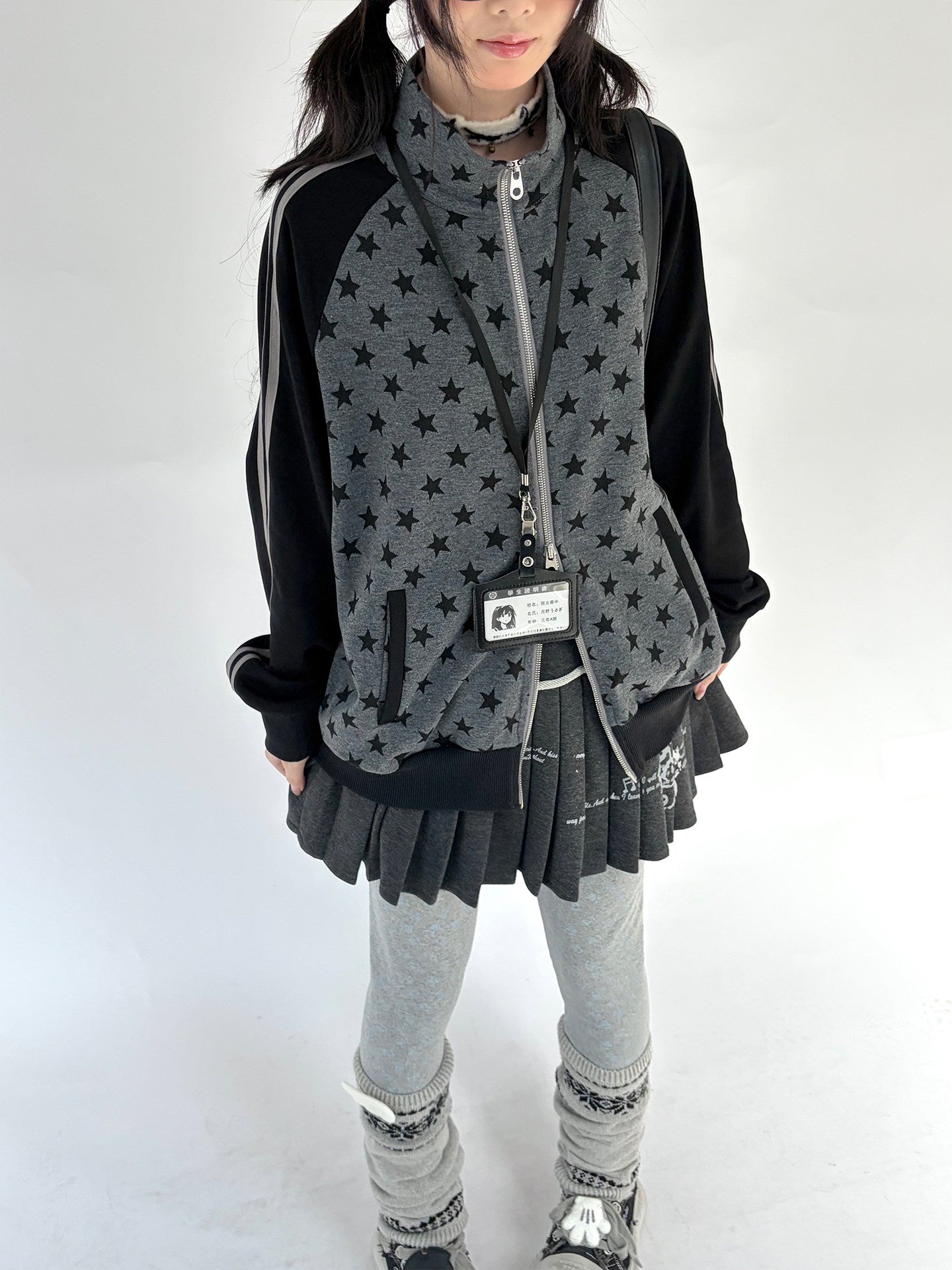 Star Print Double Zipper High-Neck Oversize Cardigan