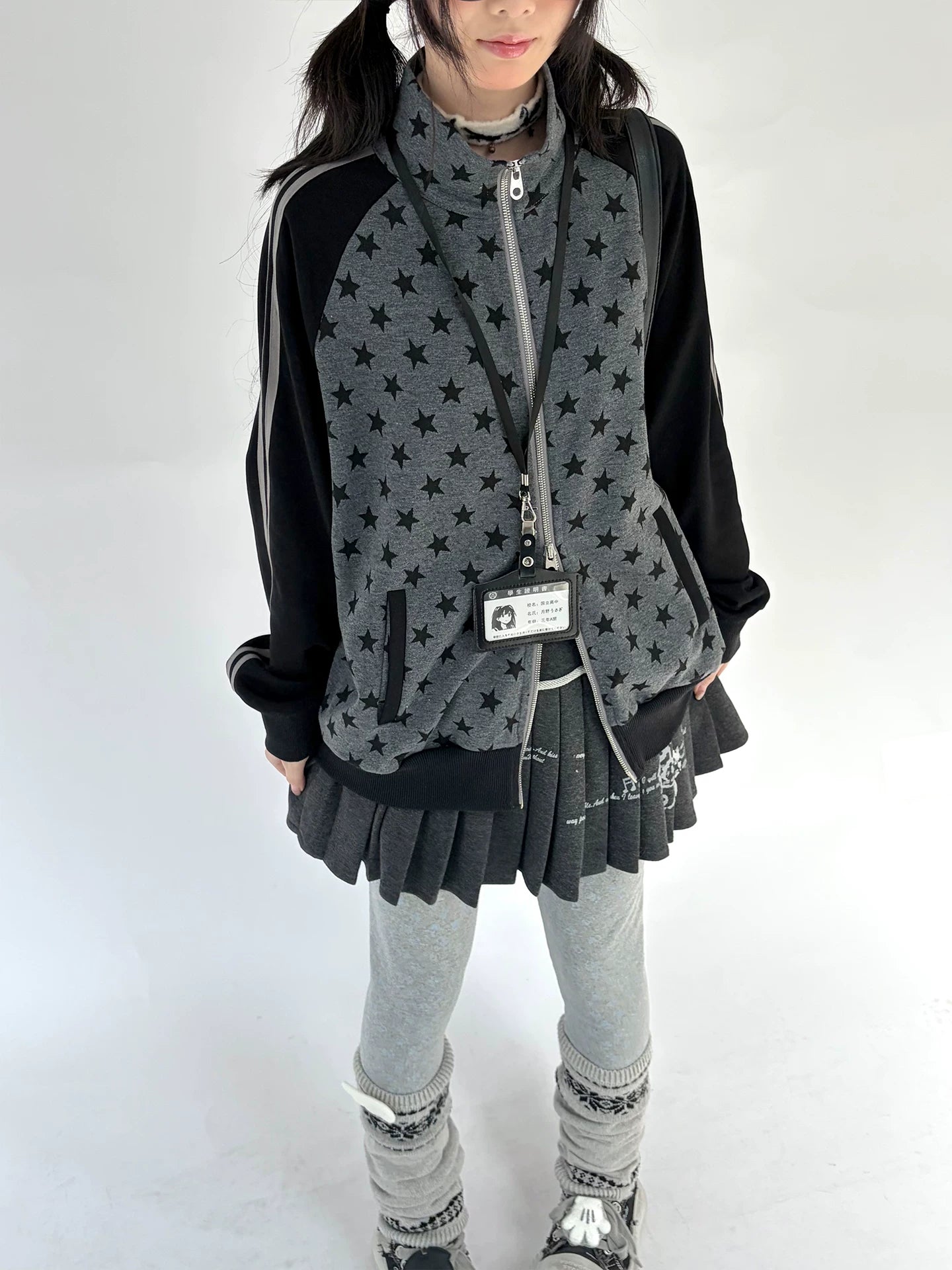 Star Print Double Zipper High-Neck Oversize Cardigan